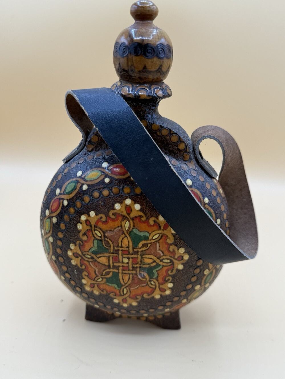 Hand Painted Wooden Flask Canteen Leather Strap Folk Art Bottle Decanter